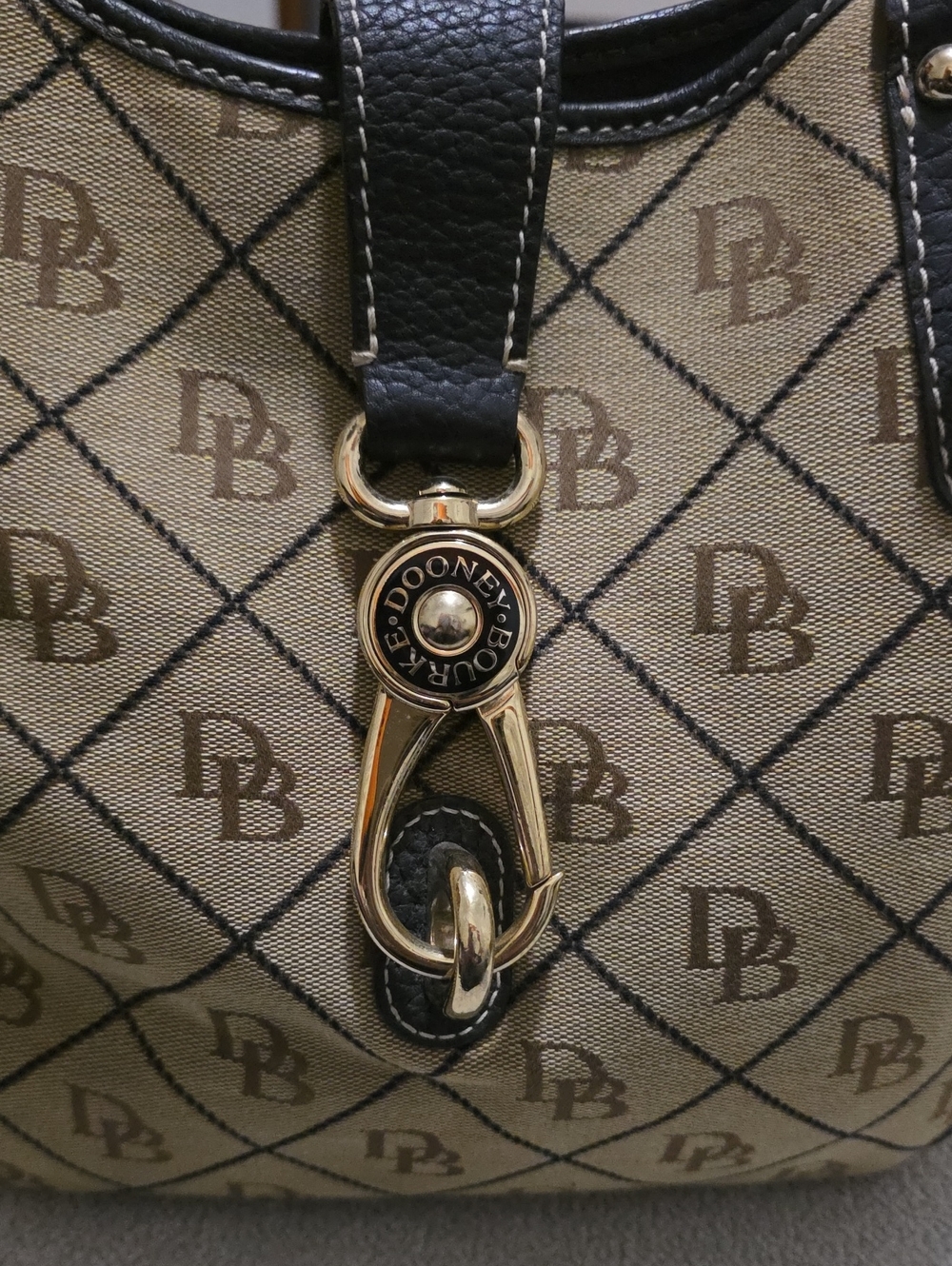 Dooney & Bourke Tan Logo Satchel with Black Trim and Gold Hardware